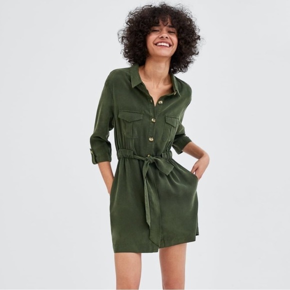 Zara Women’s Army Green Shirt Dress size Small - Picture 1 of 12